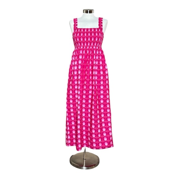 ZARA PINK SMOCKED BODICE RETRO GEO PRINT SLEEVELESS MAXI DRESS - Picture 2 of 11